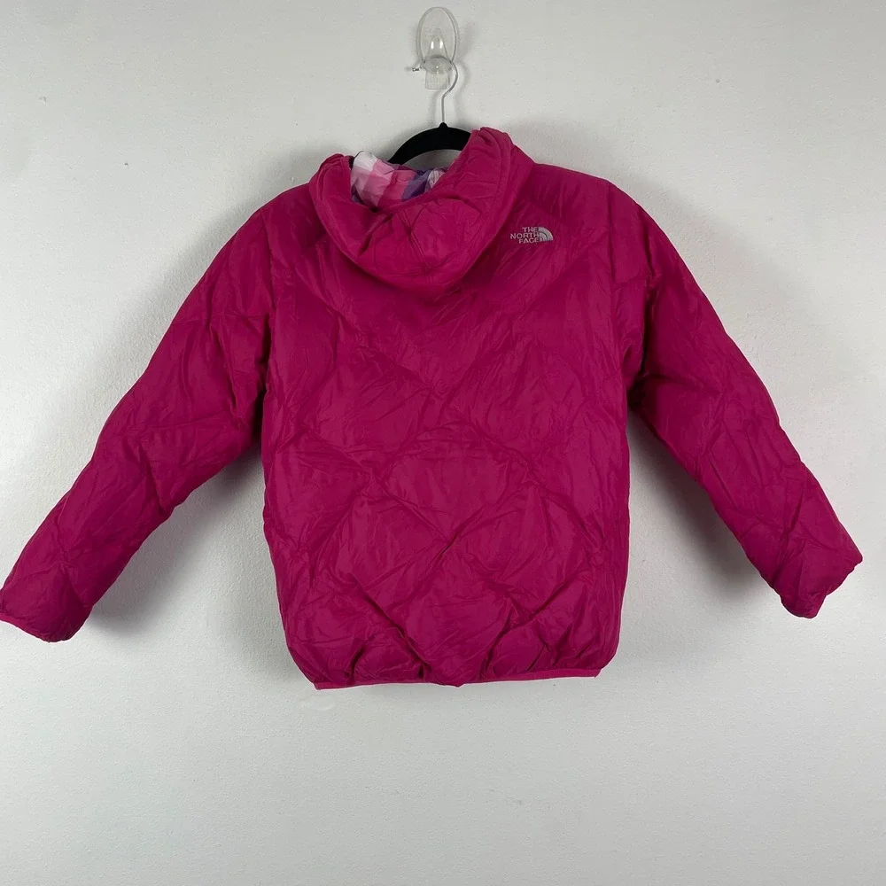 The North Face Girls 550 Down Puffer Jacket Pink Purple Plaid Reversible L 14 16